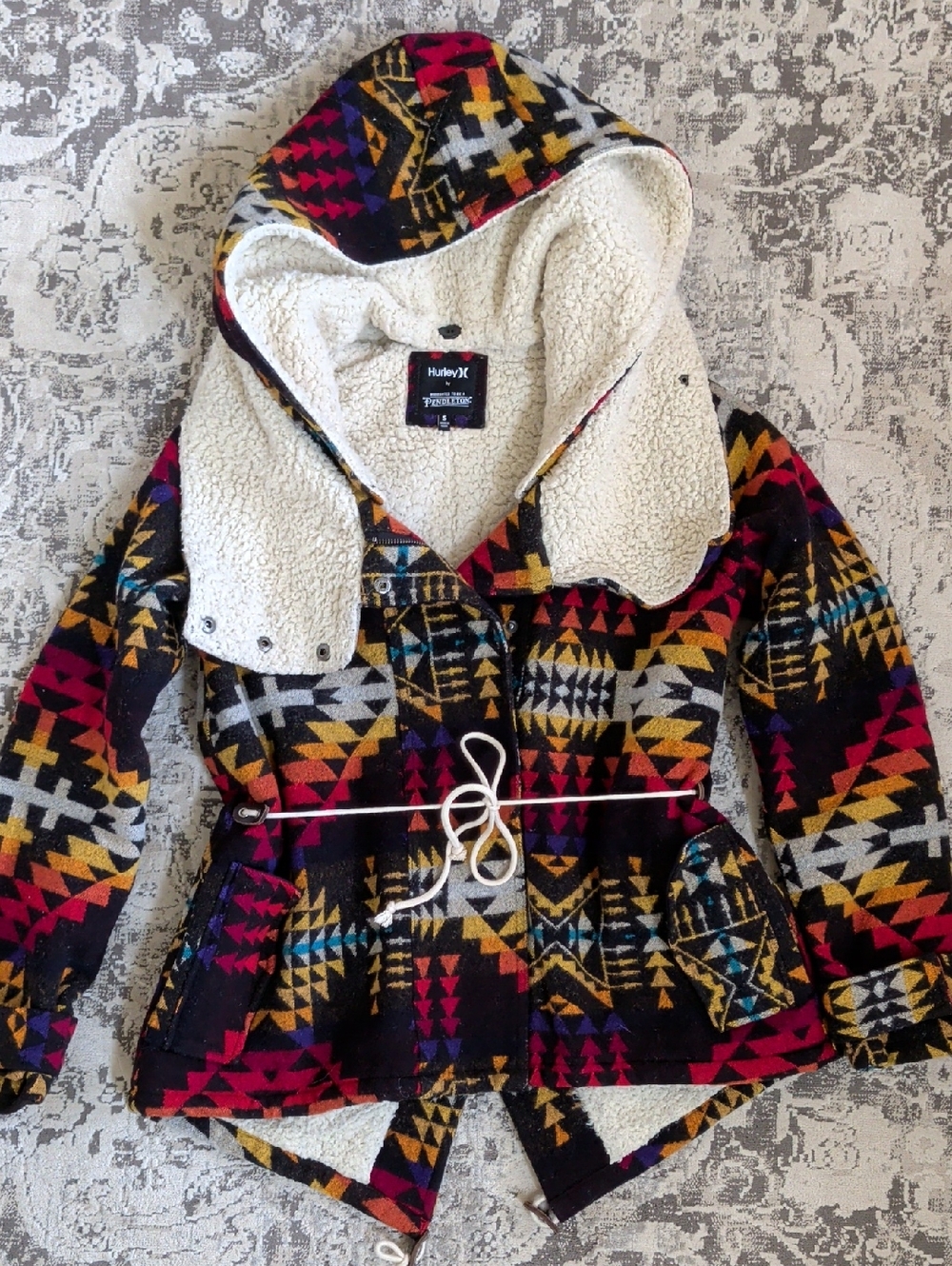 Hurley X Pendleton Wool Multicolor Aztec Sherpa Hooded Jacket Size Small